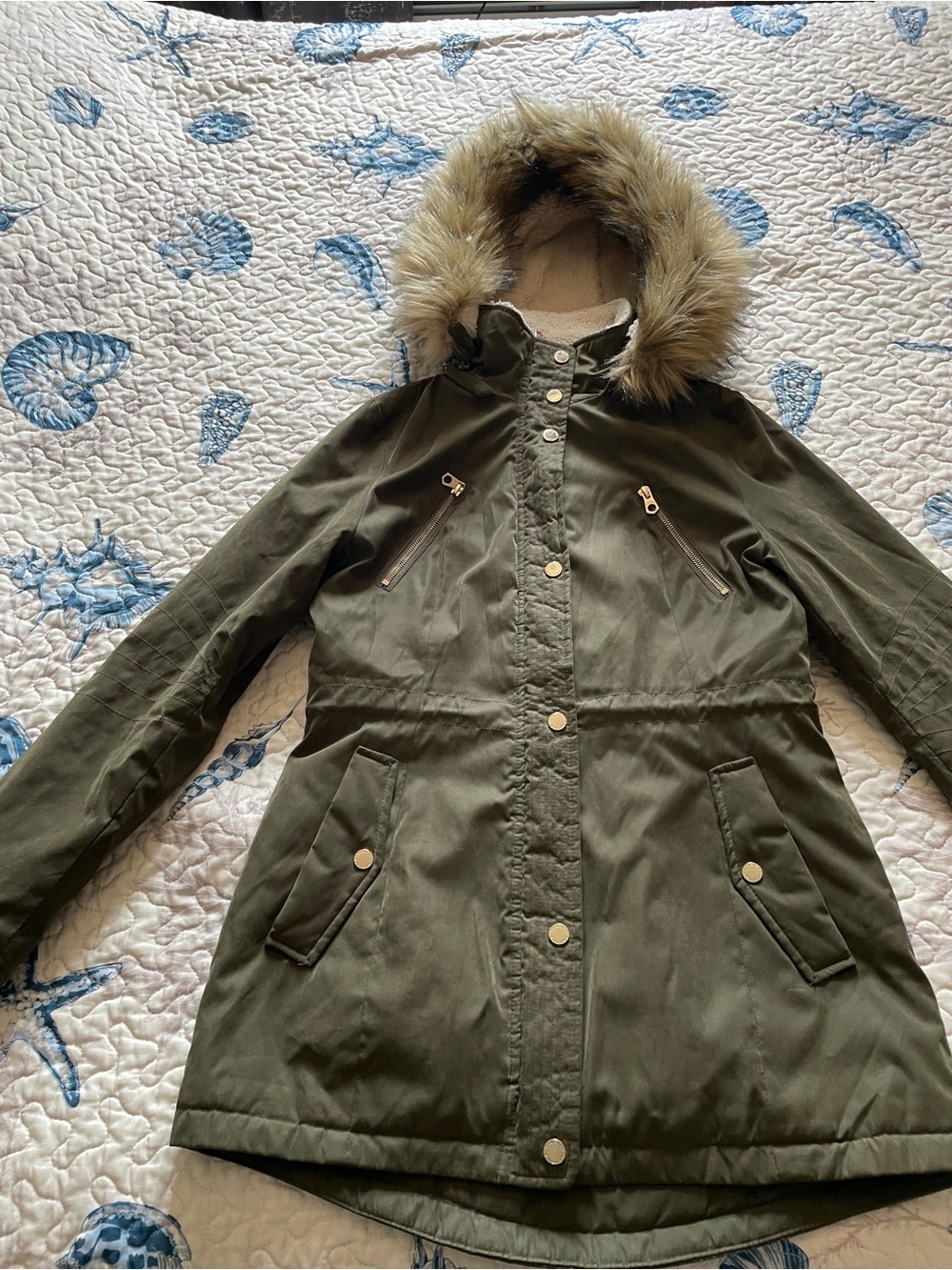 Nautica Olive Green Utility Parka with Faux Fur Hood